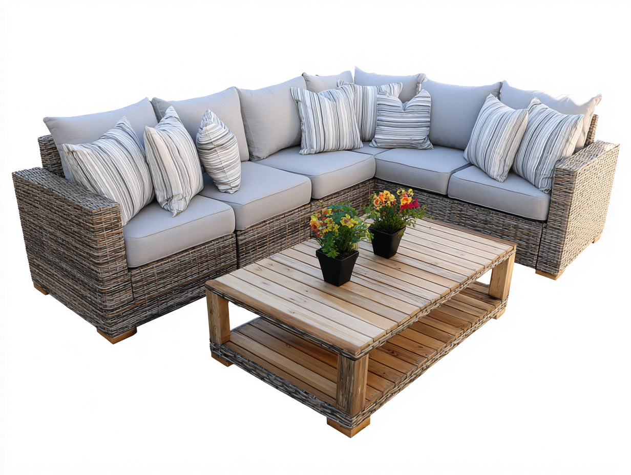 Sofás de exterior de ratán sintético 250x250x74 cm - natural y gris claro - conjunto esquinero con mesa para jardín