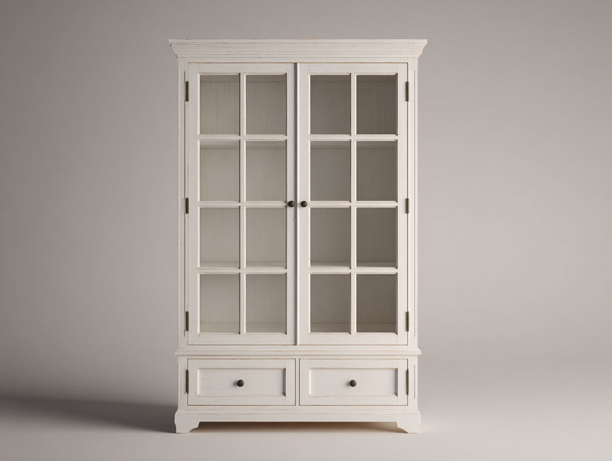 Vitrina de madera y vidrio 120x42x200 cm - blanco - diseño clásico con 2 puertas y 2 cajones