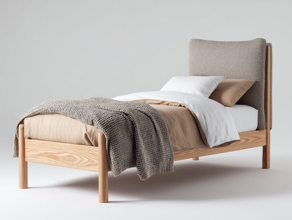 Cama individual de madera 205x100x110 cm - madera natural y tapizado beige - cama para dormitorio