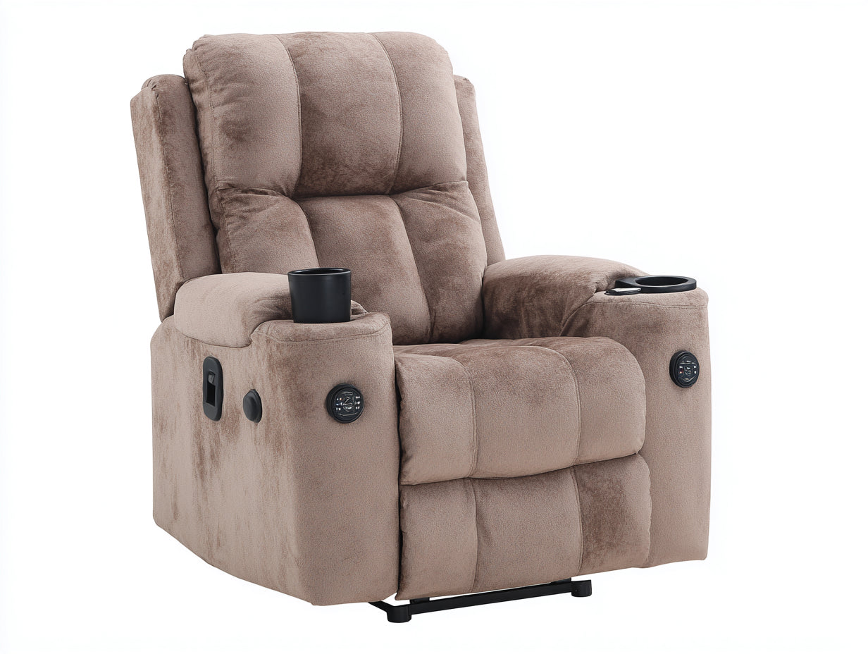 Sillón reclinable tapizado 98x92x110 cm - marrón y negro - diseño acolchado con portavasos