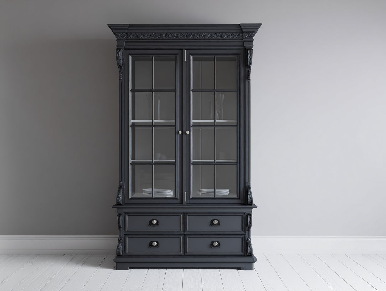 Vitrina 110x45x190 cm - madera de ingeniería gris oscuro - 2 puertas de cristal 4 cajones - estilo clásico