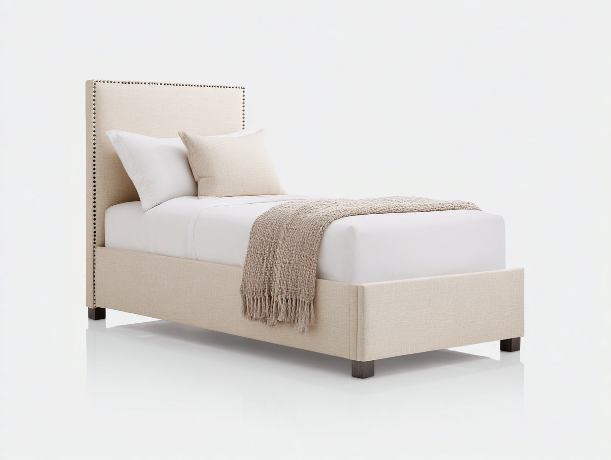 Camas individuales tapizadas 207x102x115 cm - beige - cama con cabecero decorativo para dormitorio