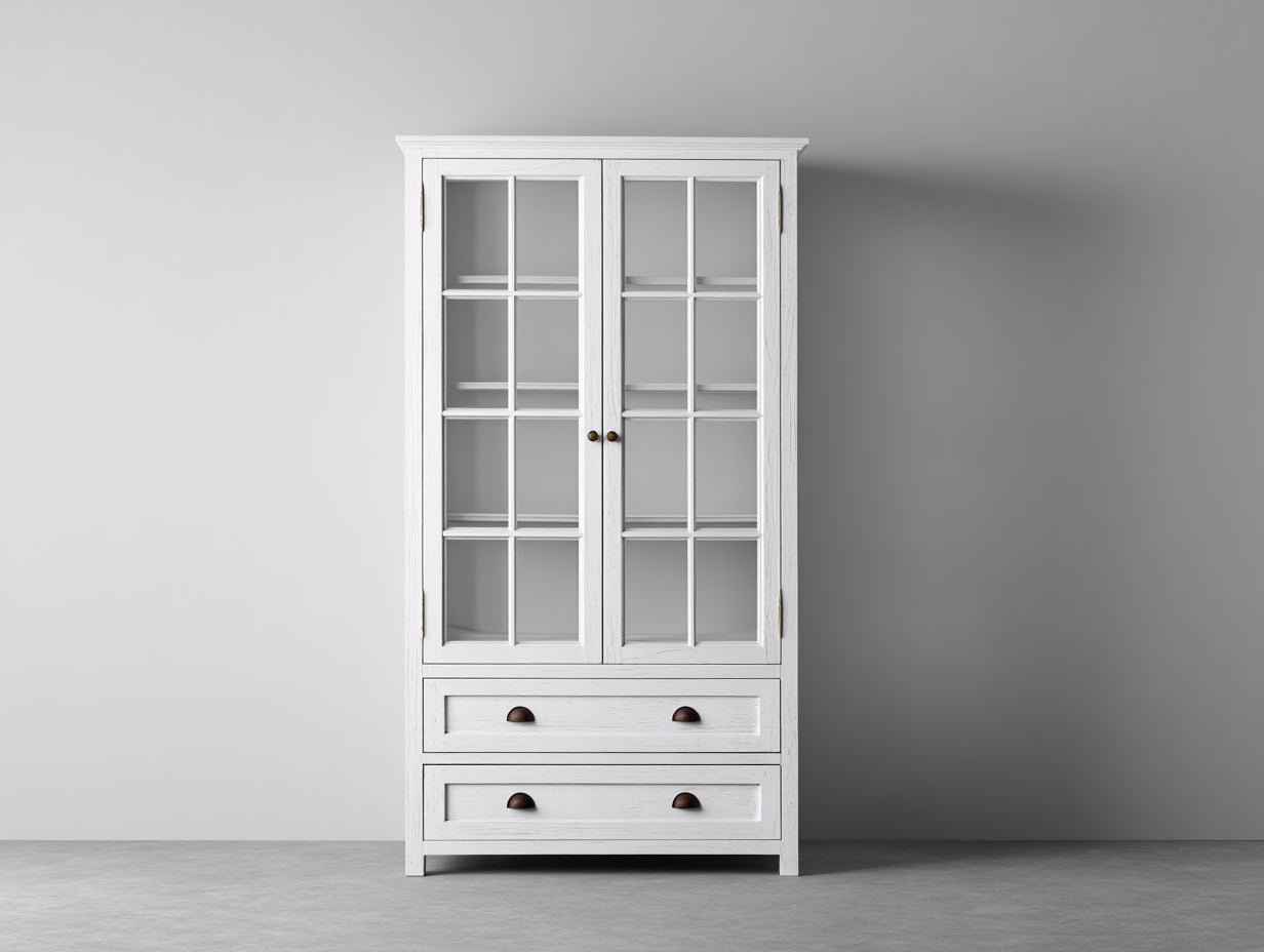 Vitrina 90x40x180 cm - madera blanca y cristal - 2 puertas y 2 cajones - estilo rústico moderno