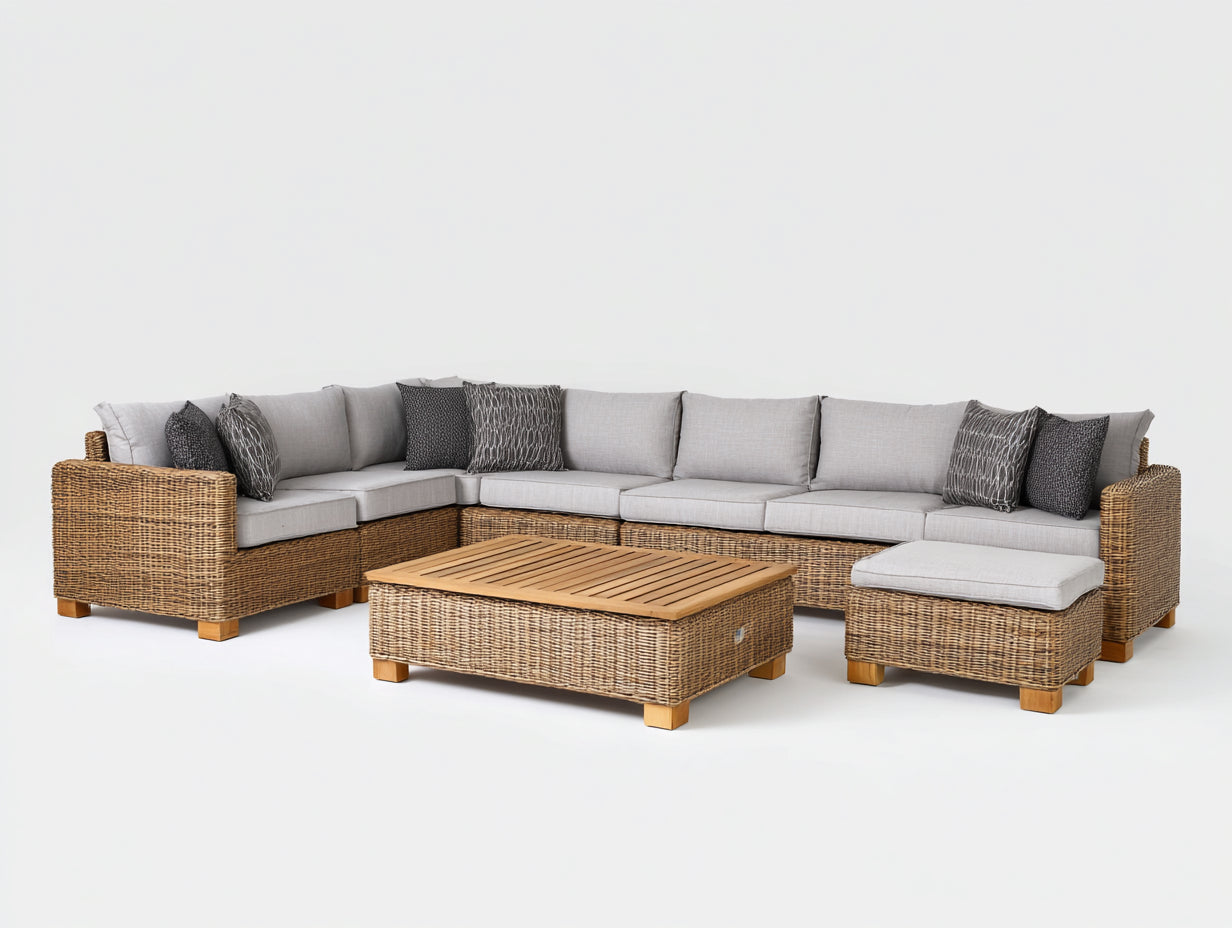Sofá de exterior rinconero de ratán 320x240x72 cm - gris y marrón - con mesa de centro y reposapiés