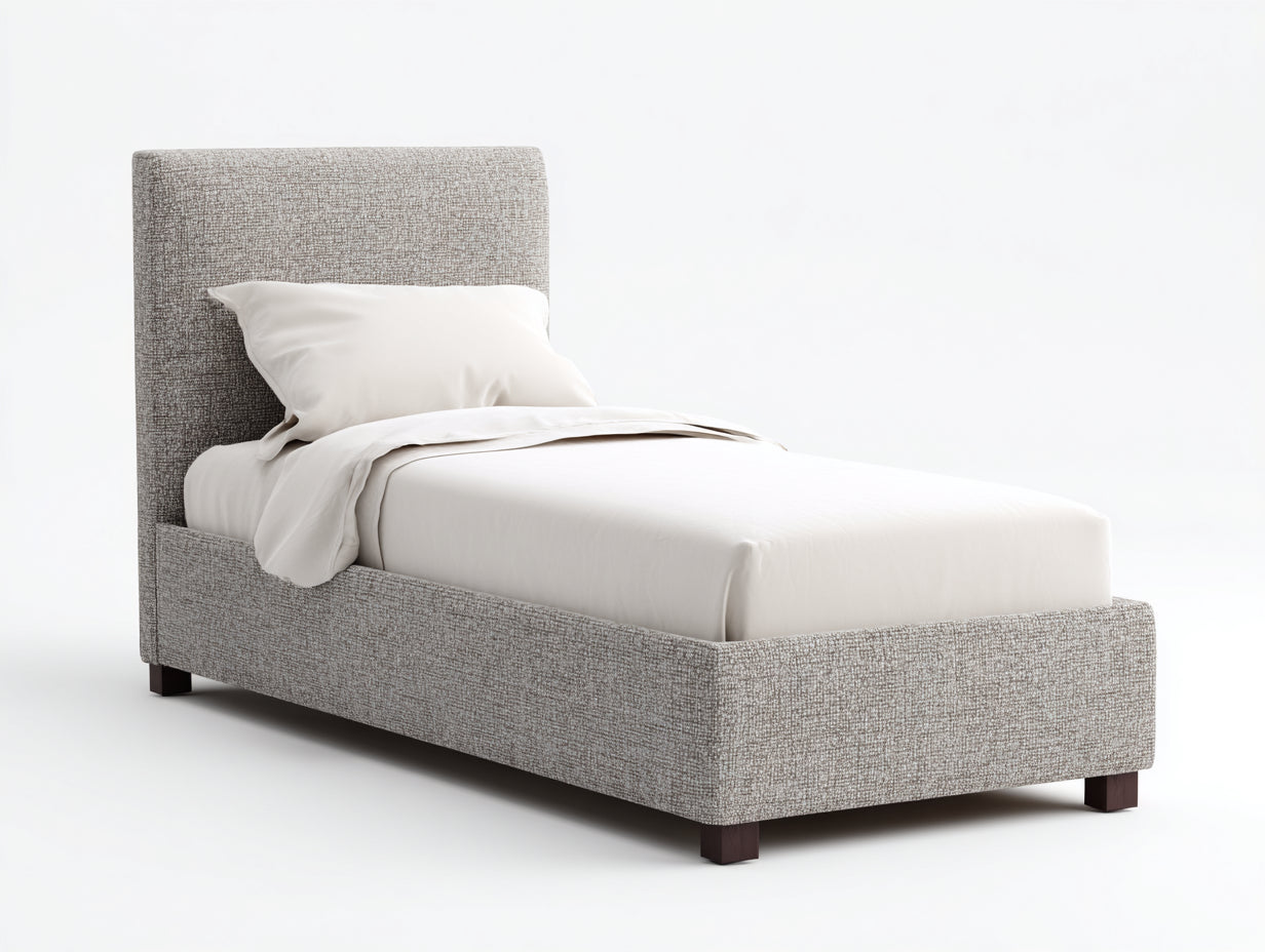 Camas individuales 205x102x108 cm - tela gris y patas negras - cabecero tapizado - estilo moderno