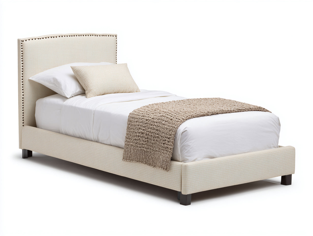 Camas individuales 210x105x115 cm - tela beige y patas negras - cabecero tapizado - estilo clásico