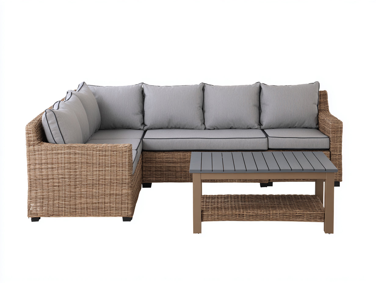 Sofás de exterior de ratán marrón 265x200x78 cm para jardín y terraza - conjunto esquinero con mesa de estilo moderno