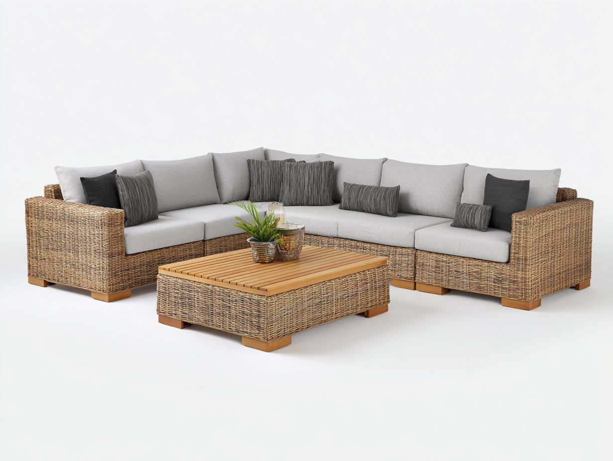 Sofás de exterior de ratán sintético 245x245x72 cm - natural y gris claro - conjunto esquinero con mesa para jardín