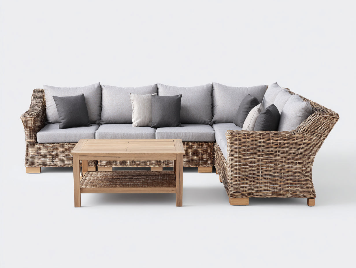 Sofás de exterior esquinero de ratán natural 270 x 205 x 82 cm - natural-gris - diseño moderno para jardín