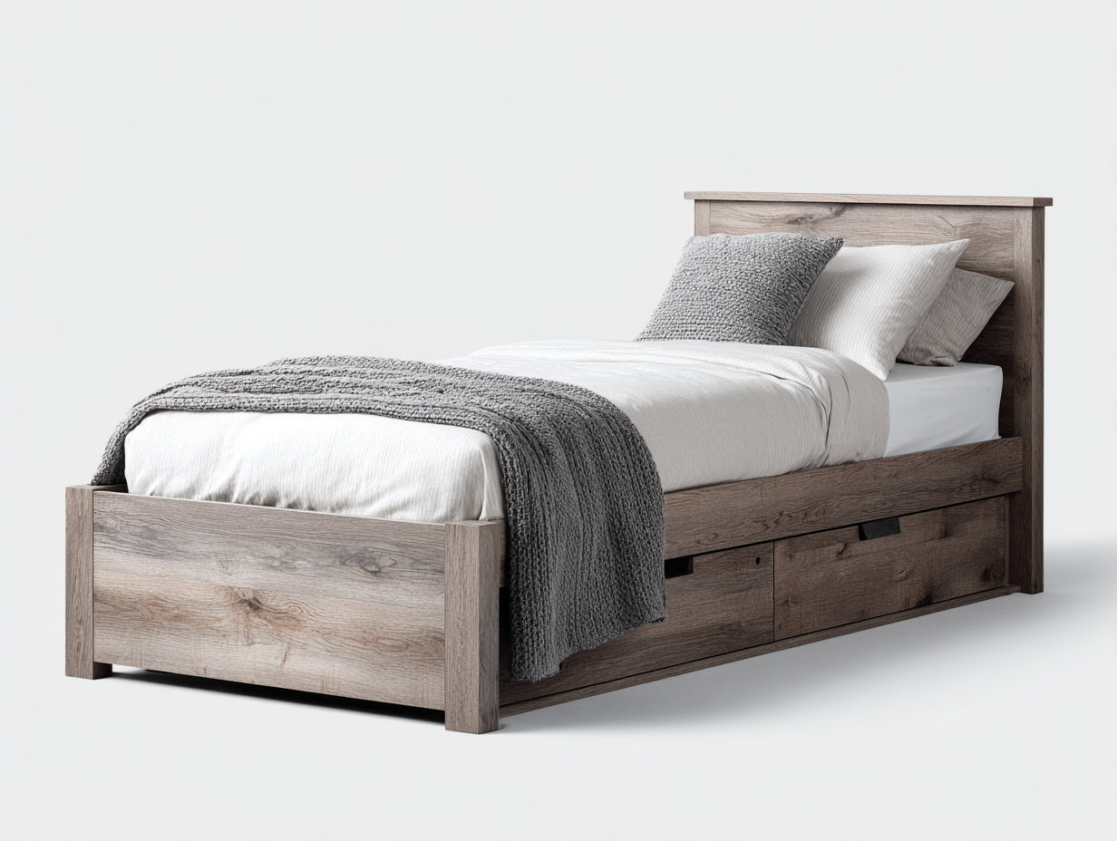 Camas individuales 205x100x105 cm - madera marrón grisáceo con almacenamiento - estilo rústico moderno para dormitorio