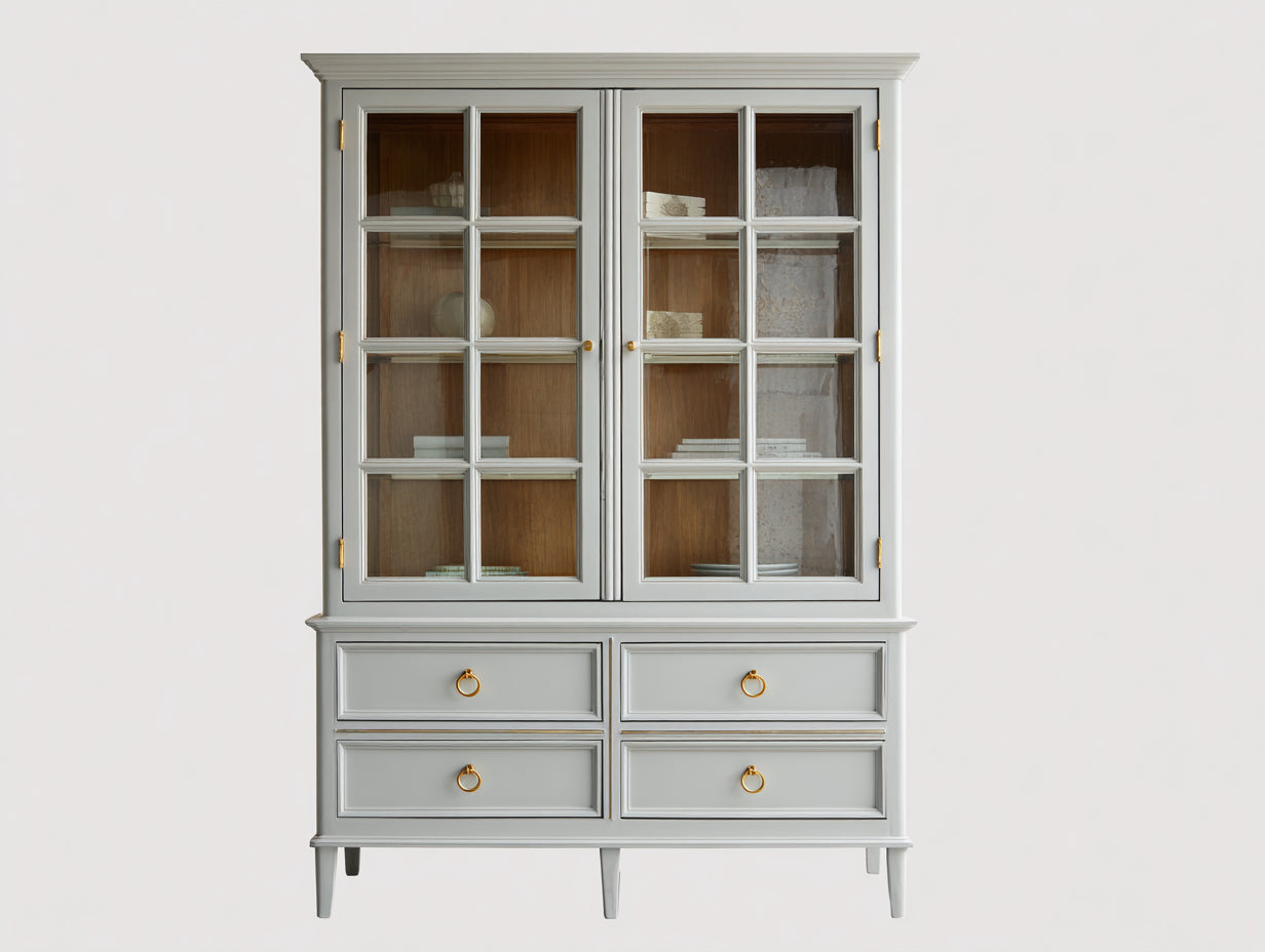 Vitrina de madera 110x42x185 cm - blanco - mueble con 2 puertas de cristal y 4 cajones para salón