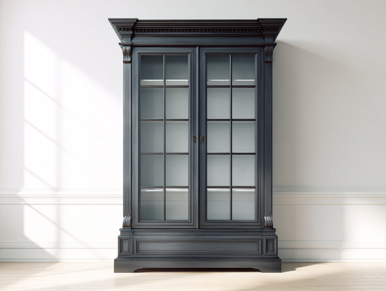 Vitrina madera maciza 120x50x220 cm - gris oscuro - con 2 puertas de vidrio