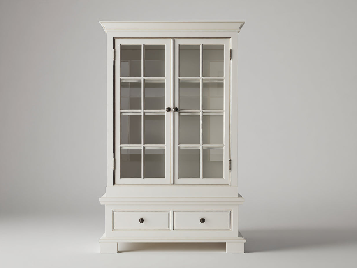 Vitrina madera maciza 110x45x200 cm - blanco antiguo - con 2 puertas de vidrio y 2 cajones