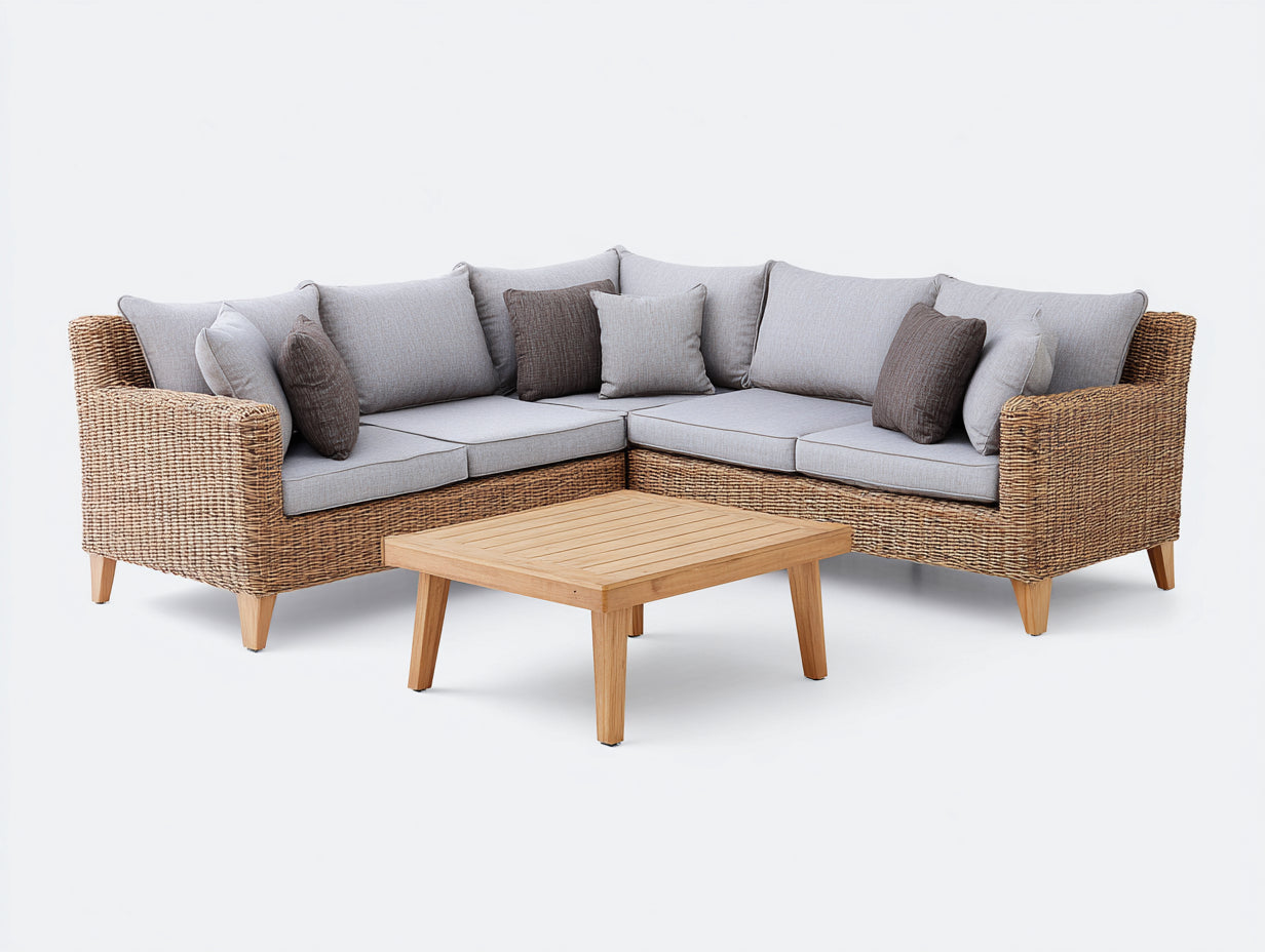 Sofá de exterior rinconero de ratán 250x250x72 cm - gris y marrón - con mesa de centro