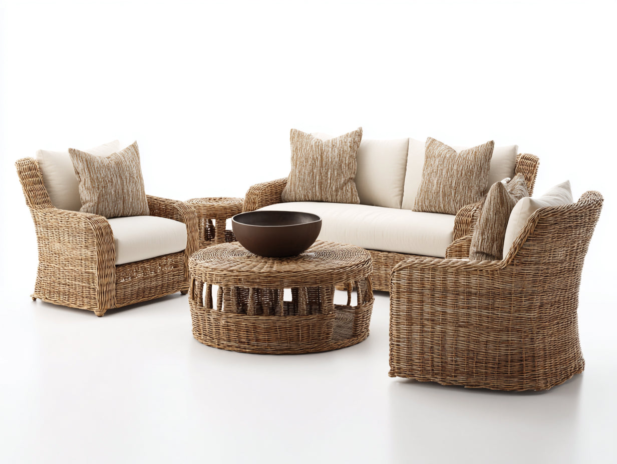 Sofás de exterior de ratán natural 230x85x82 cm - beige y marrón - diseño mediterráneo