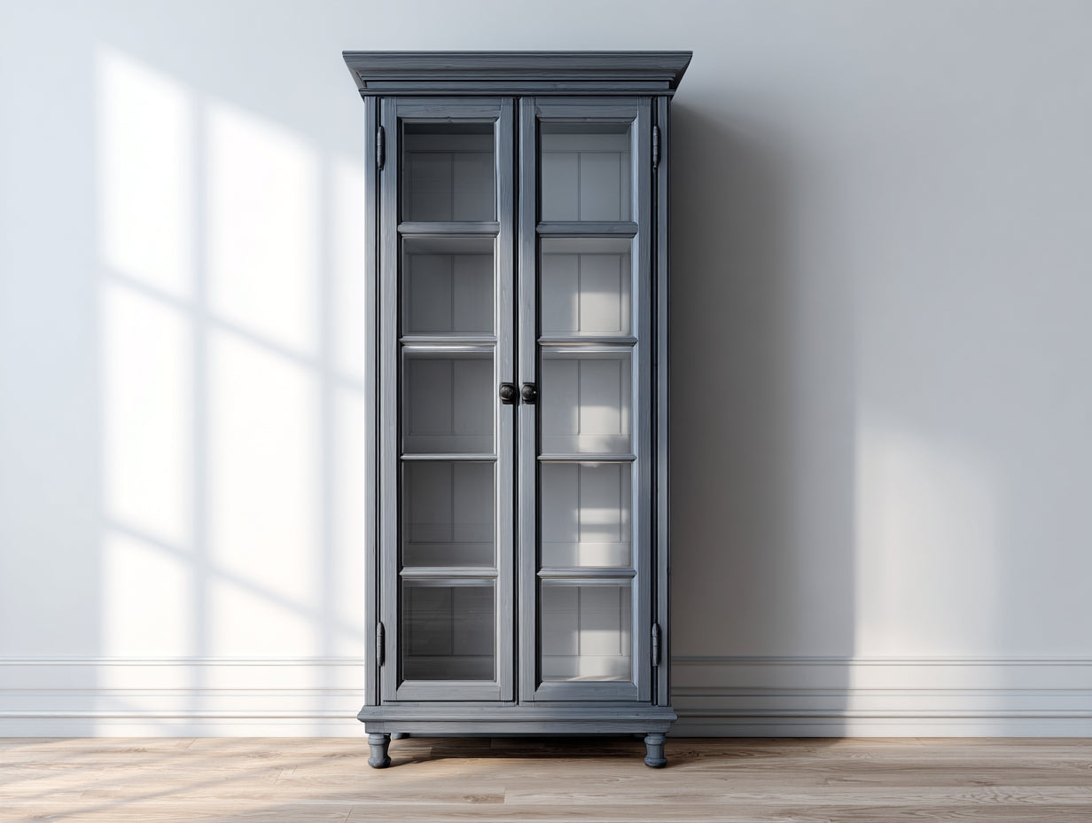 Vitrina de madera y vidrio 90x42x200 cm - gris - diseño clásico con 2 puertas