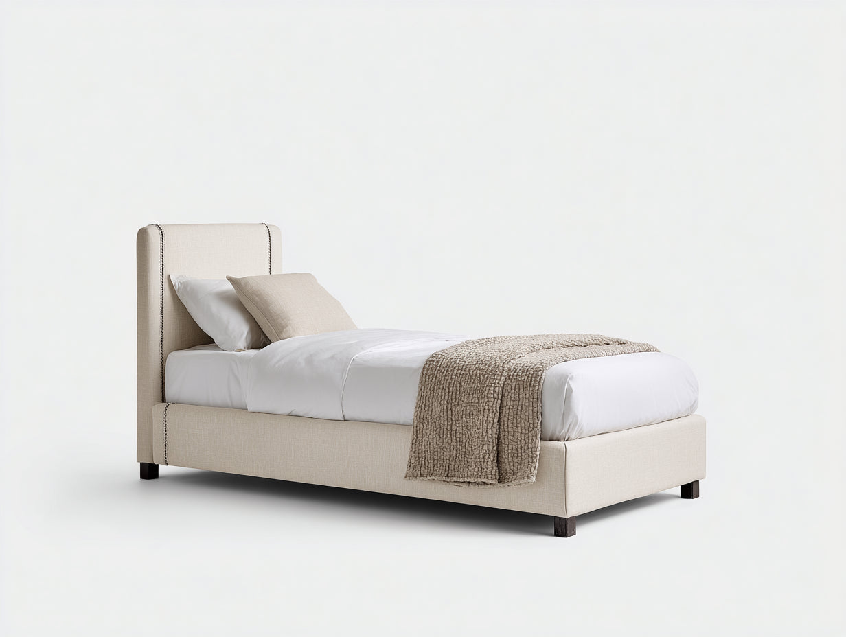 Cama individual tapizada 200x90x110 cm - beige y negro - diseño moderno con cabecero alto