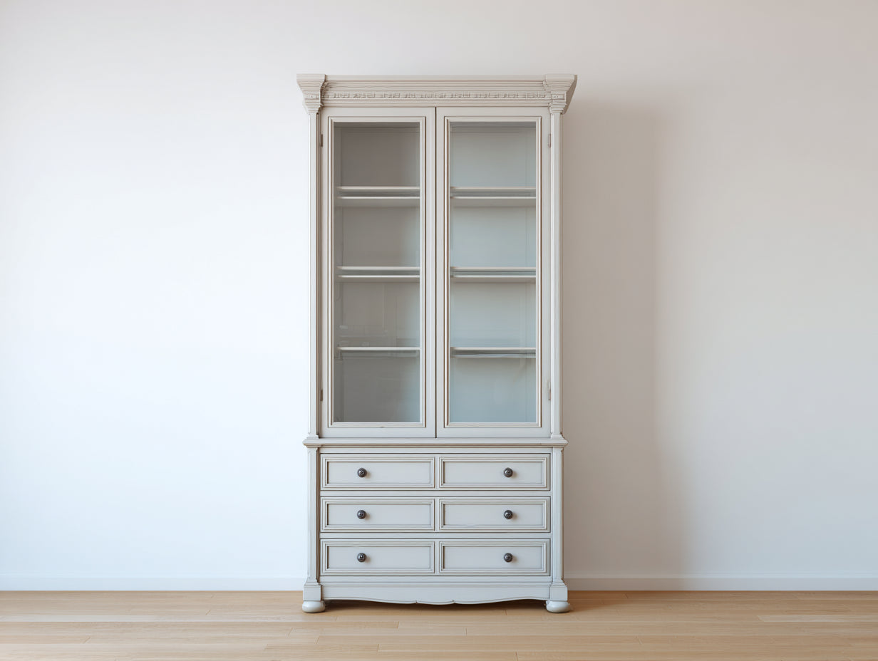 Vitrina madera maciza 100x45x200 cm - blanco antiguo - con 2 puertas de vidrio y 6 cajones