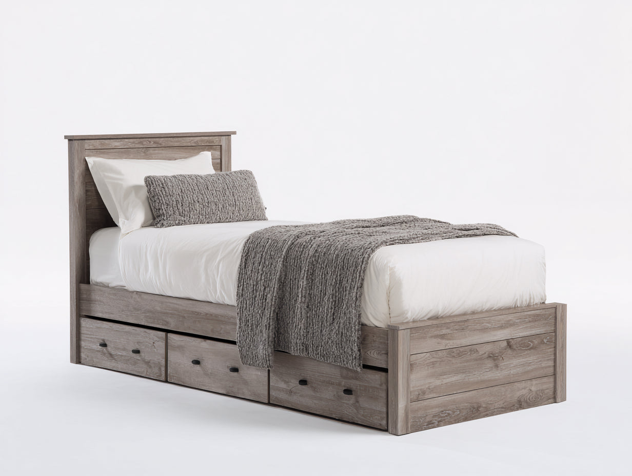 Cama individual con almacenaje 200x90x105 cm - gris y negro - diseño rústico con 3 cajones