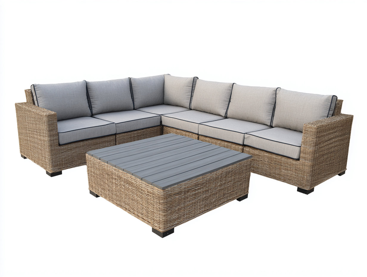 Sofás de exterior esquinero de ratán sintético 255 x 195 x 78 cm - natural-gris-beige - diseño moderno para jardín